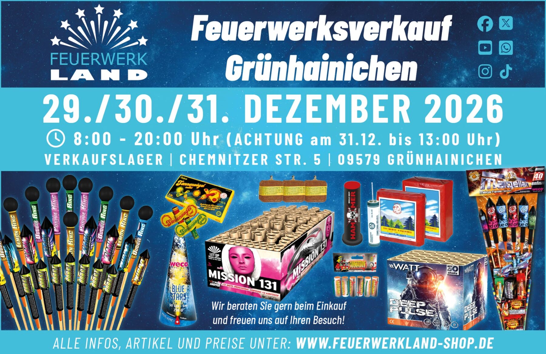 Feuerwerksverkauf Grünhainichen am 29., 30. und 31. Dezember 2026, 8:00 bis 20:00 Uhr (31.12. bis 13:00 Uhr), Verkaufslager Chemnitzer Straße 5