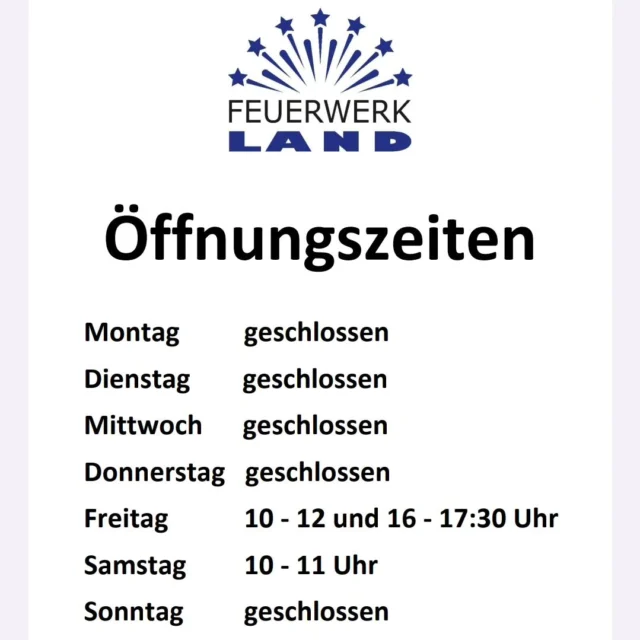 Feuerwerkland Lagerverkauf
Öffnungszeiten 💣🕙
Montag > geschlossen
Dienstag > geschlossen
Mittwoch > geschlossen
Donnerstag > geschlossen
Freitag > 10 - 12 und 16 - 17:30 Uhr
Samstag > 10 - 11 Uhr
Sonntag > geschlossen
Feuerwerkland 🚩
Chemnitzer Straße 5
09579 Grünhainichen
_Verkauf von Silvesterfeuerwerk Kategorie F2 nur gegen Vorlage einer gültigen Ausnahmegenehmigung oder Gewerbeschein (Bei nicht eigener Firma zusätzlich mit Vollmacht) oder Erlaubnisinhaber §27_ 📄
Pyrogrüße Jonas Neumann
www.feuerwerkland-shop.de
www.raeucherkerzenwelt.de
#feuerwerk #pyrotechnik #lagerverkauf #öffnungszeiten #pyro #pyros #pyroforlife #pyrojunge #pyroevents #pyroausstattung #pyrorauch #pyromerch #ganzjahresfeuerwerk #jugendfeuerwerksortiment #ganzjahrespyro #instapyro #feuerwerkskörper #silvesterfeuerwerk #feuerwerkkaufen #grünhainichen #feuerwerksversand #feuerwerkshop #feuerwerkdasganzejahr #feuerwerksbatterie #silvesterraketen #feuerwerkland #deinfeuerwerkshop