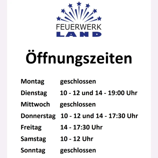 Feuerwerkland Lagerverkauf
Öffnungszeiten 💣🕙
Montag > geschlossen
Dienstag > 10 - 12 und 14 - 19 Uhr 
Mittwoch > geschlossen
Donnerstag > 10 - 12 und 14 - 17:30 Uhr 
Freitag > 14 - 17:30 Uhr
Samstag > 10 - 12 Uhr
Sonntag > geschlossen
Feuerwerkland 🚩
Chemnitzer Straße 5
09579 Grünhainichen
_Verkauf von Silvesterfeuerwerk Kategorie F2 nur gegen Vorlage einer gültigen Ausnahmegenehmigung oder Gewerbeschein (Bei nicht eigener Firma zusätzlich mit Vollmacht) oder Erlaubnisinhaber §27_ 📄
Pyrogrüße Jonas Neumann
www.feuerwerkland-shop.de
www.raeucherkerzenwelt.de
#feuerwerk #pyrotechnik #lagerverkauf #öffnungszeiten #pyro #pyros #pyroforlife #pyrojunge #pyroevents #pyroausstattung #pyrorauch #pyromerch #ganzjahresfeuerwerk #jugendfeuerwerksortiment #ganzjahrespyro #instapyro #feuerwerkskörper #silvesterfeuerwerk #feuerwerkkaufen #grünhainichen #feuerwerksversand #feuerwerkshop #feuerwerkdasganzejahr #feuerwerksbatterie #silvesterraketen #feuerwerkland #deinfeuerwerkshop