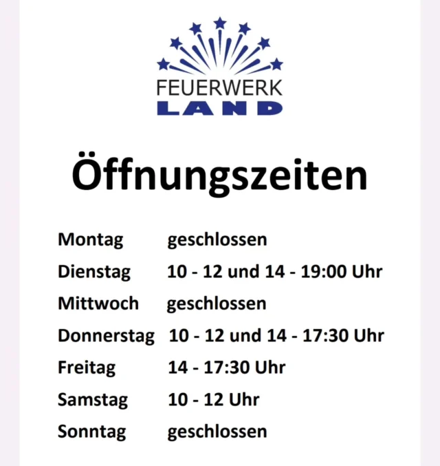 Feuerwerkland Lagerverkauf
Öffnungszeiten 💣🕙
Montag > geschlossen
Dienstag > 10 - 12 und 14 - 19 Uhr 
Mittwoch > geschlossen
Donnerstag > 10 - 12 und 14 - 17:30 Uhr 
Freitag > 14 - 17:30 Uhr 
Samstag > 10 - 12 Uhr
Sonntag > geschlossen
Feuerwerkland 🚩
Chemnitzer Straße 5
09579 Grünhainichen
_Verkauf von Silvesterfeuerwerk Kategorie F2 nur gegen Vorlage einer gültigen Ausnahmegenehmigung oder Gewerbeschein (Bei nicht eigener Firma zusätzlich mit Vollmacht) oder Erlaubnisinhaber §27_ 📄
Pyrogrüße Jonas Neumann
www.feuerwerkland-shop.de
www.raeucherkerzenwelt.de
#feuerwerk #pyrotechnik #lagerverkauf #öffnungszeiten #pyro #pyros #pyroforlife #pyrojunge #pyroevents #pyroausstattung #pyrorauch #pyromerch #ganzjahresfeuerwerk #jugendfeuerwerksortiment #ganzjahrespyro #instapyro #feuerwerkskörper #silvesterfeuerwerk #feuerwerkkaufen #grünhainichen #feuerwerksversand #feuerwerkshop #feuerwerkdasganzejahr #feuerwerksbatterie #silvesterraketen #feuerwerkland #deinfeuerwerkshop