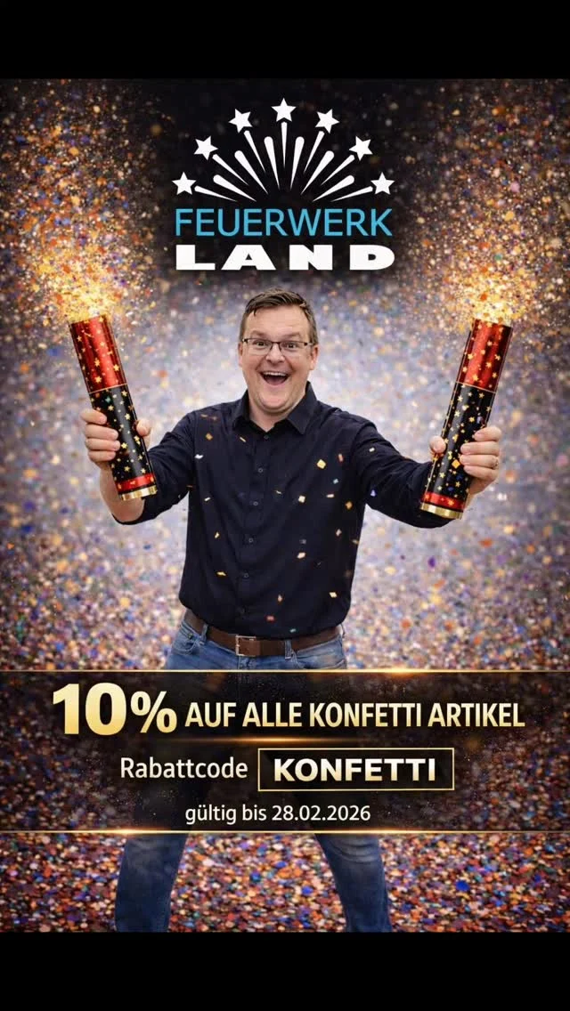 10% Rabatt auf alle Konfetti Artikel 🎊🥳💣🎉
Rabattcode [ KONFETTI ]
Gültig bis zum 28.02.2026
www.feuerwerkland-shop.de
50g Konfetti 
1000g Konfetti 
10.000g Konfetti 
Zieh Party Knaller 
Konfetti Kanone Silber 
Konfetti Kanone Gold
Konfetti Kanone Bunt
Konfetti Kanone Rote Herzen 
Luftschlangen 
Luftschlangen Bälle 
Scherzartikel Budenzauber 
Tischfeuerwerk Partybär
Tischfeuerwerk Riesen Bombe 
Tischfeuerwerk Filou 
Tischfeuerwerk Party Power 
Tischfeuerwerk XXL Kids 
Tischfeuerwerk XXL Party 
#konfetti #confetti #feuerwerkkaufen #feuerwerkland #deinfeuerwerkshop