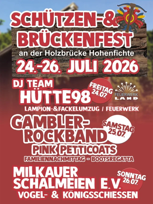 Kommt zum traditionellen Schützen und Brückenfest nach Hohenfichte 🏹🎊💣
Am Freitag, den 24.07.2026 zünden wir gegen 23:00 Uhr ein Großfeuerwerk 🎆
@schuetzenverein_hohenfichte
#brückenfest #schützenfest #holzbrückehohenfichte #feuerwerkland #deinfeuerwerkshop