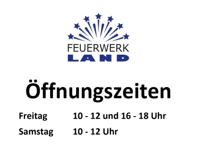 Feuerwerkland Lagerverkauf
Öffnungszeiten 💣🕙
Montag > geschlossen
Dienstag > geschlossen
Mittwoch > geschlossen
Donnerstag > geschlossen
Freitag > 10 - 12 und 16 - 18 Uhr 
Samstag > 10 - 12 Uhr
Sonntag > geschlossen
Feuerwerkland 🚩
Chemnitzer Straße 5
09579 Grünhainichen
_Verkauf von Silvesterfeuerwerk Kategorie F2 nur gegen Vorlage einer gültigen Ausnahmegenehmigung oder Gewerbeschein (Bei nicht eigener Firma zusätzlich mit Vollmacht) oder Erlaubnisinhaber §27_ 📄
Pyrogrüße Jonas Neumann
www.feuerwerkland-shop.de
www.raeucherkerzenwelt.de
#feuerwerk #pyrotechnik #partyartikel #feuerwerkland #deinfeuerwerkshop